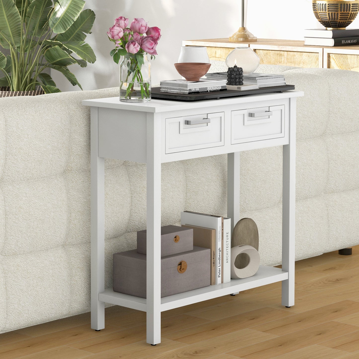 Narrow Console Table with Drawers and Open Storage Shelf-White Kids Crystal