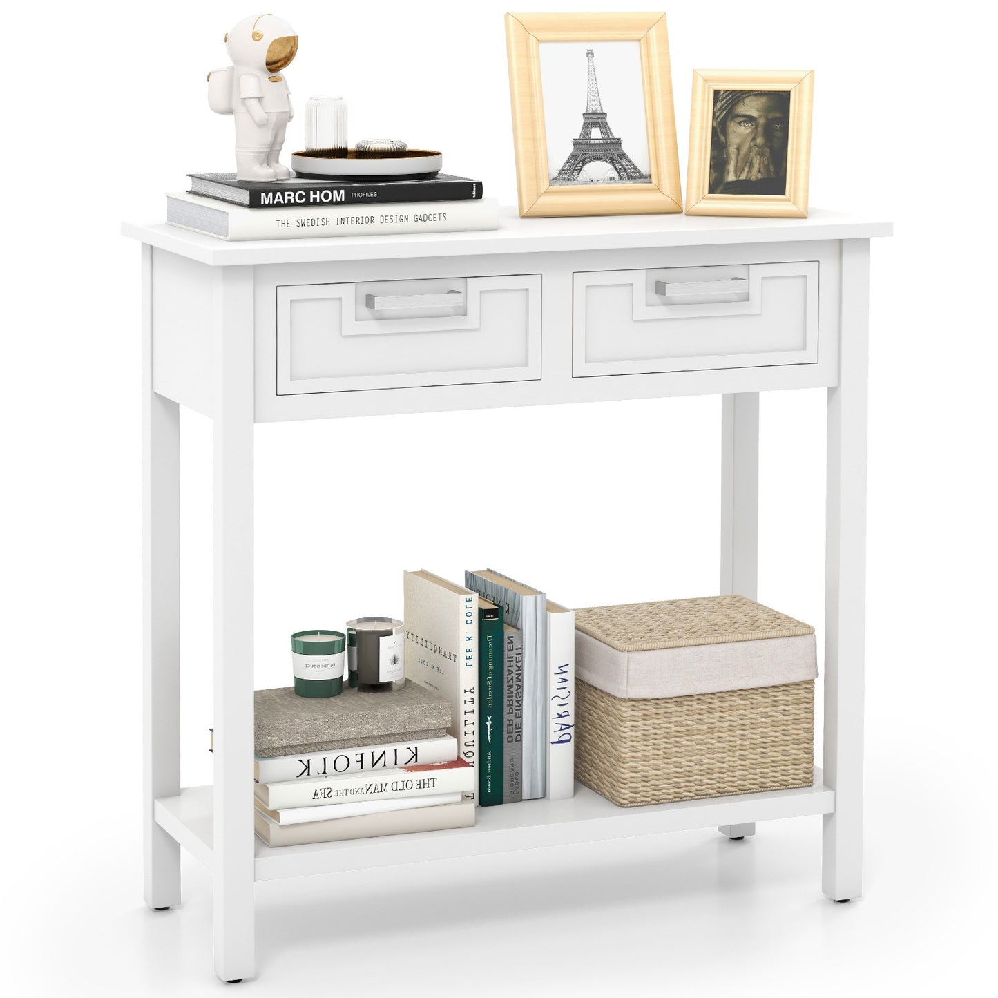 Narrow Console Table with Drawers and Open Storage Shelf-White Kids Crystal