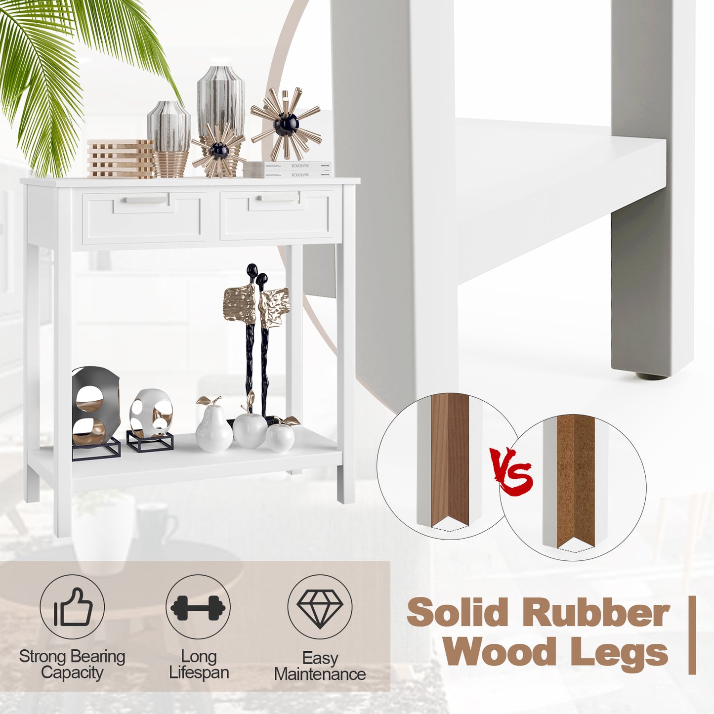 Narrow Console Table with Drawers and Open Storage Shelf-White Kids Crystal