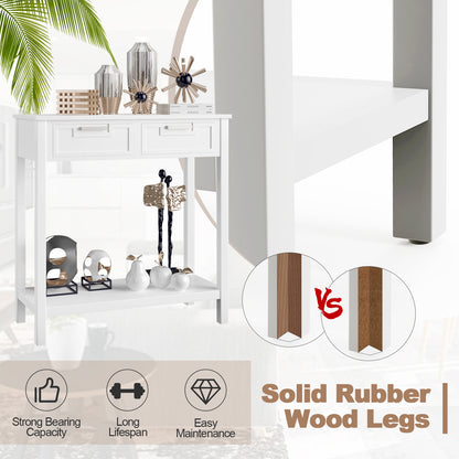 Narrow Console Table with Drawers and Open Storage Shelf-White