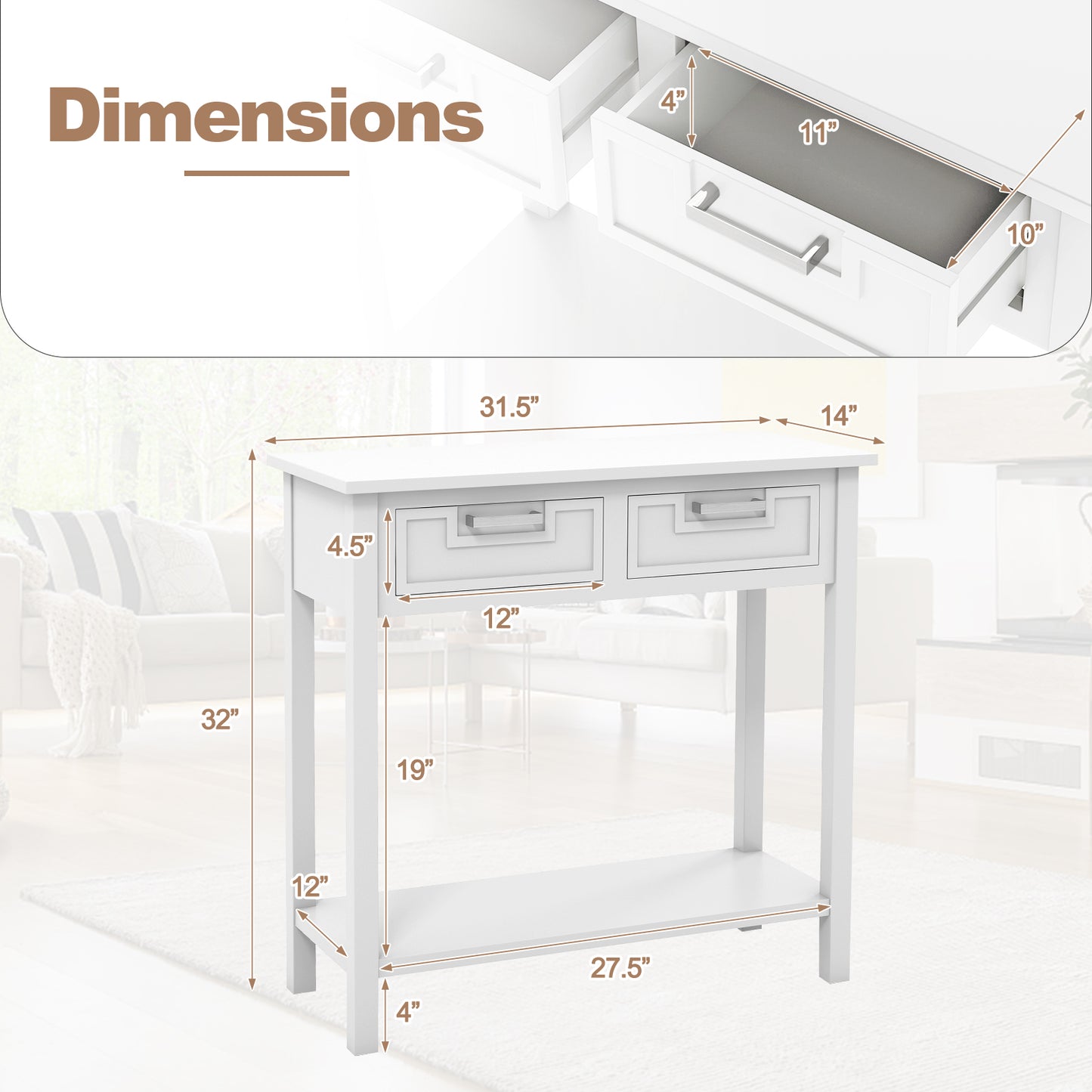 Narrow Console Table with Drawers and Open Storage Shelf-White Kids Crystal
