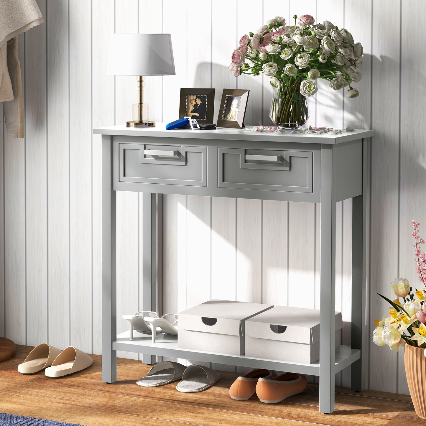 Narrow Console Table with Drawers and Open Storage Shelf-Gray Kids Crystal