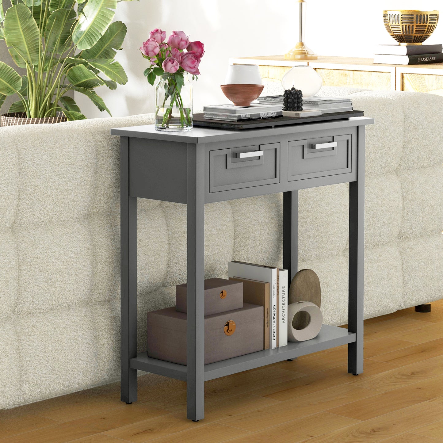 Narrow Console Table with Drawers and Open Storage Shelf-Gray Kids Crystal