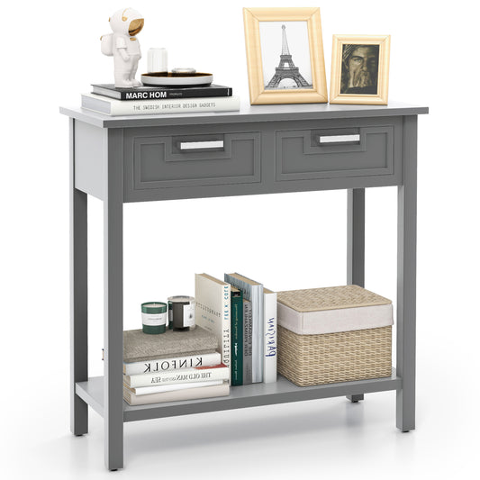 Narrow Console Table with Drawers and Open Storage Shelf-Gray Kids Crystal