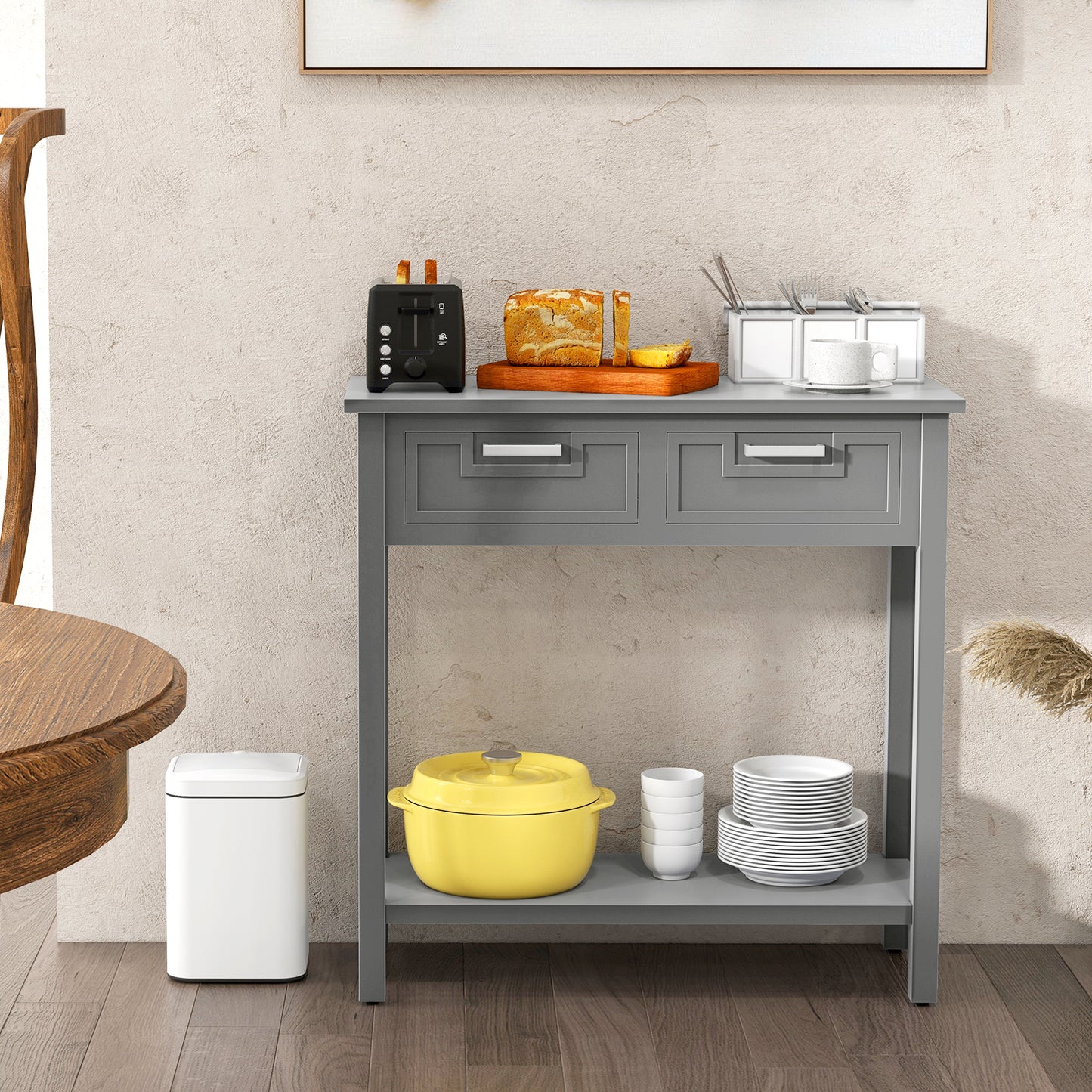 Narrow Console Table with Drawers and Open Storage Shelf-Gray Kids Crystal