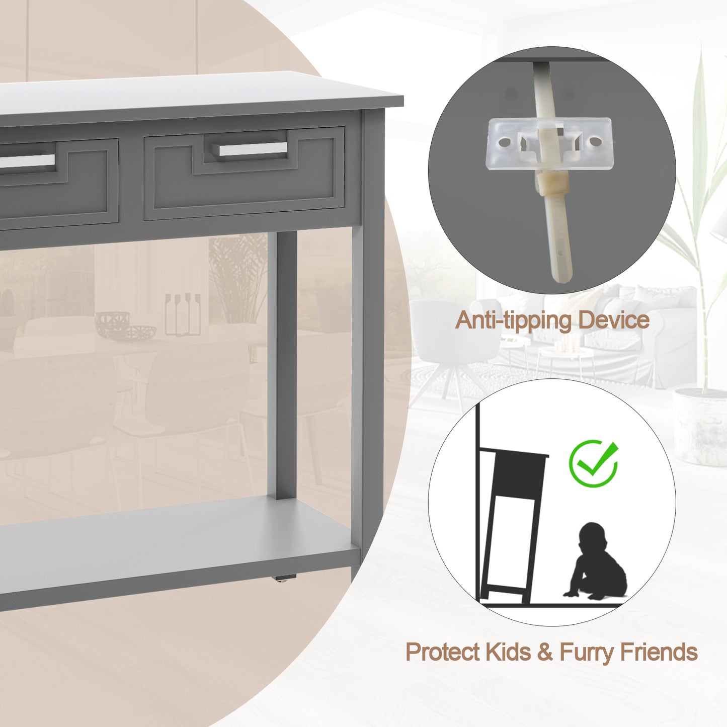 Narrow Console Table with Drawers and Open Storage Shelf-Gray Kids Crystal