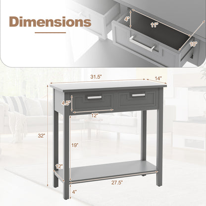 Narrow Console Table with Drawers and Open Storage Shelf-Gray