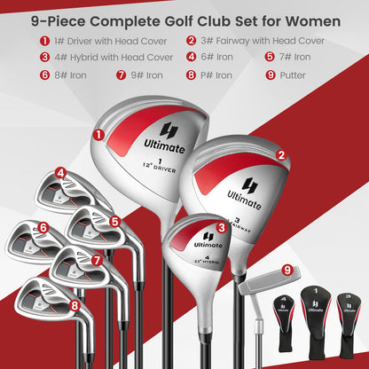 Women's 9 Pieces Complete Golf Club Set-Red