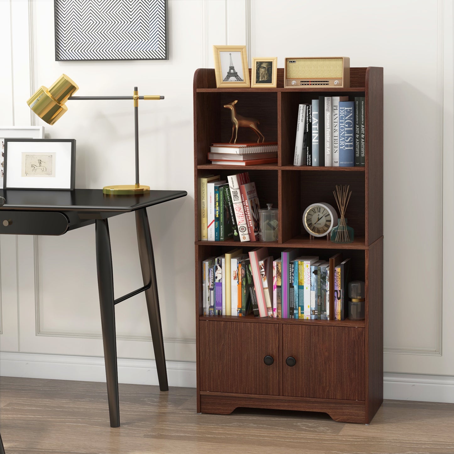 4 Tiers Bookshelf with 4 Cubes Display Shelf and 2 Doors-Brown Kids Crystal