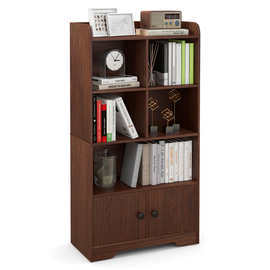 4 Tiers Bookshelf with 4 Cubes Display Shelf and 2 Doors-Brown Kids Crystal