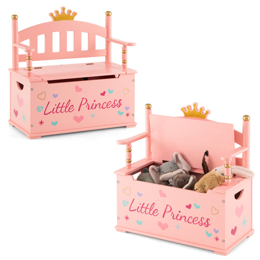2-In-1 Kids Princess Wooden Toy Box with Safe Hinged Lid-Pink Kids Crystal