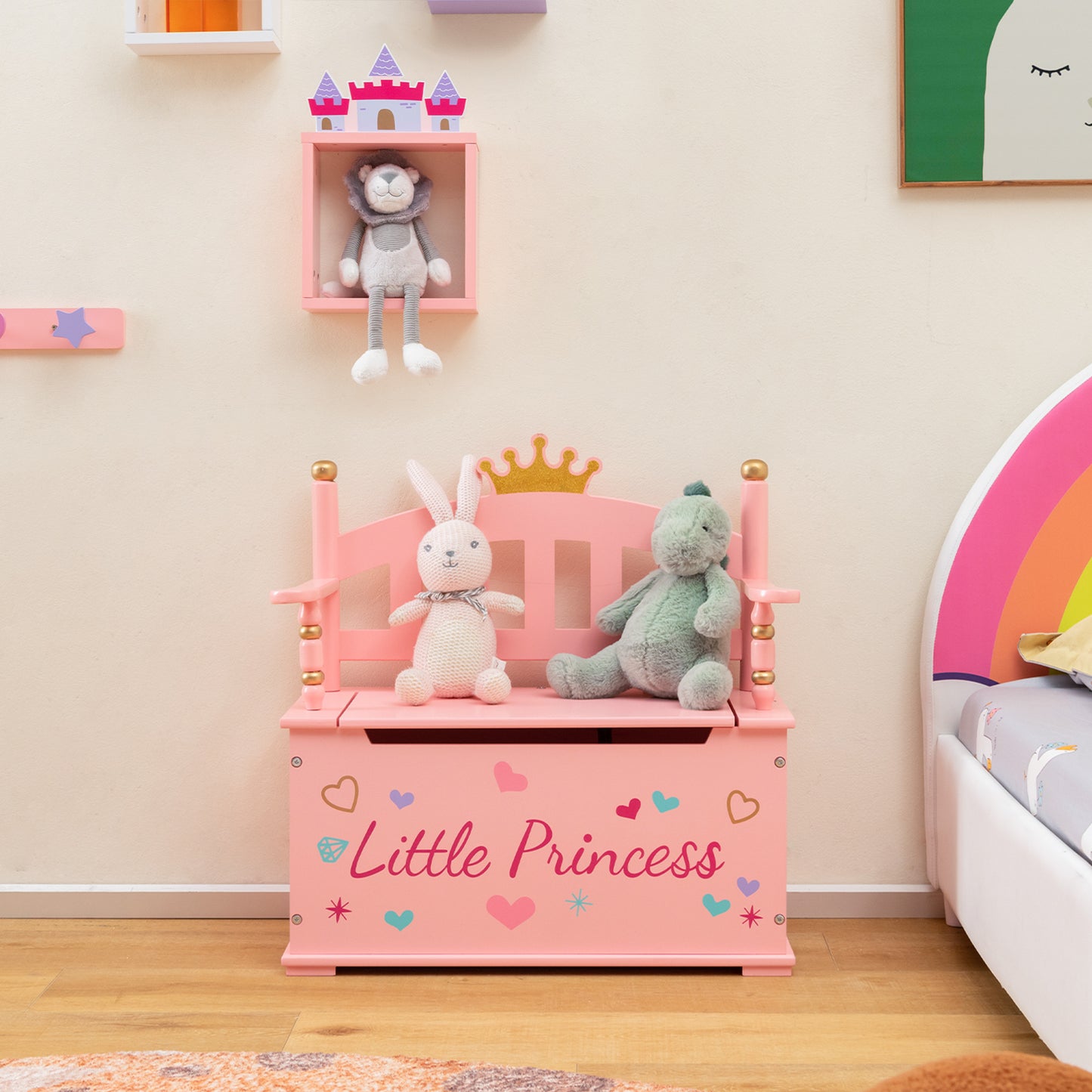 2-In-1 Kids Princess Wooden Toy Box with Safe Hinged Lid-Pink Kids Crystal