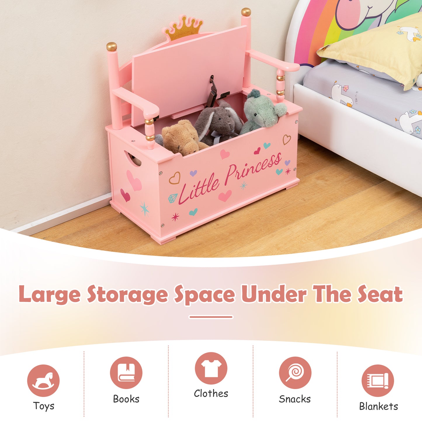 2-In-1 Kids Princess Wooden Toy Box with Safe Hinged Lid-Pink Kids Crystal