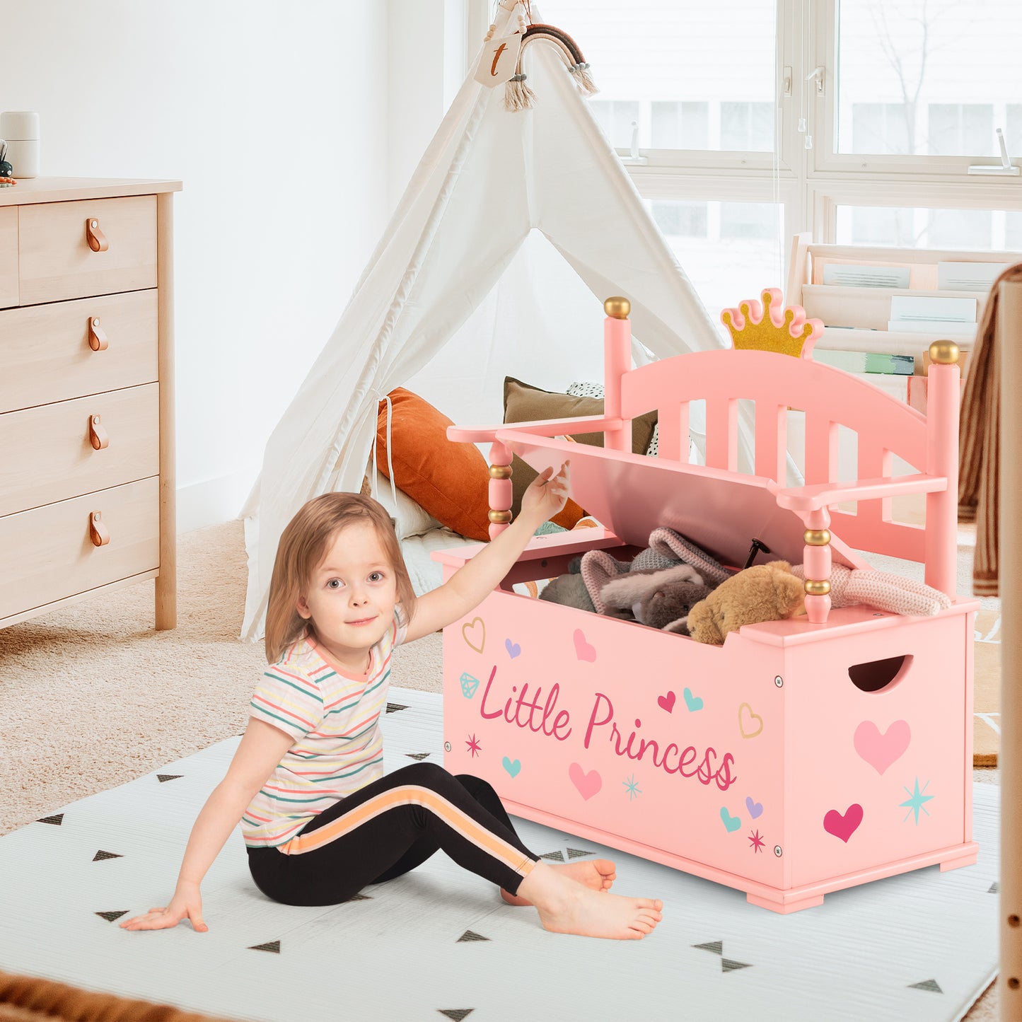 2-In-1 Kids Princess Wooden Toy Box with Safe Hinged Lid-Pink Kids Crystal