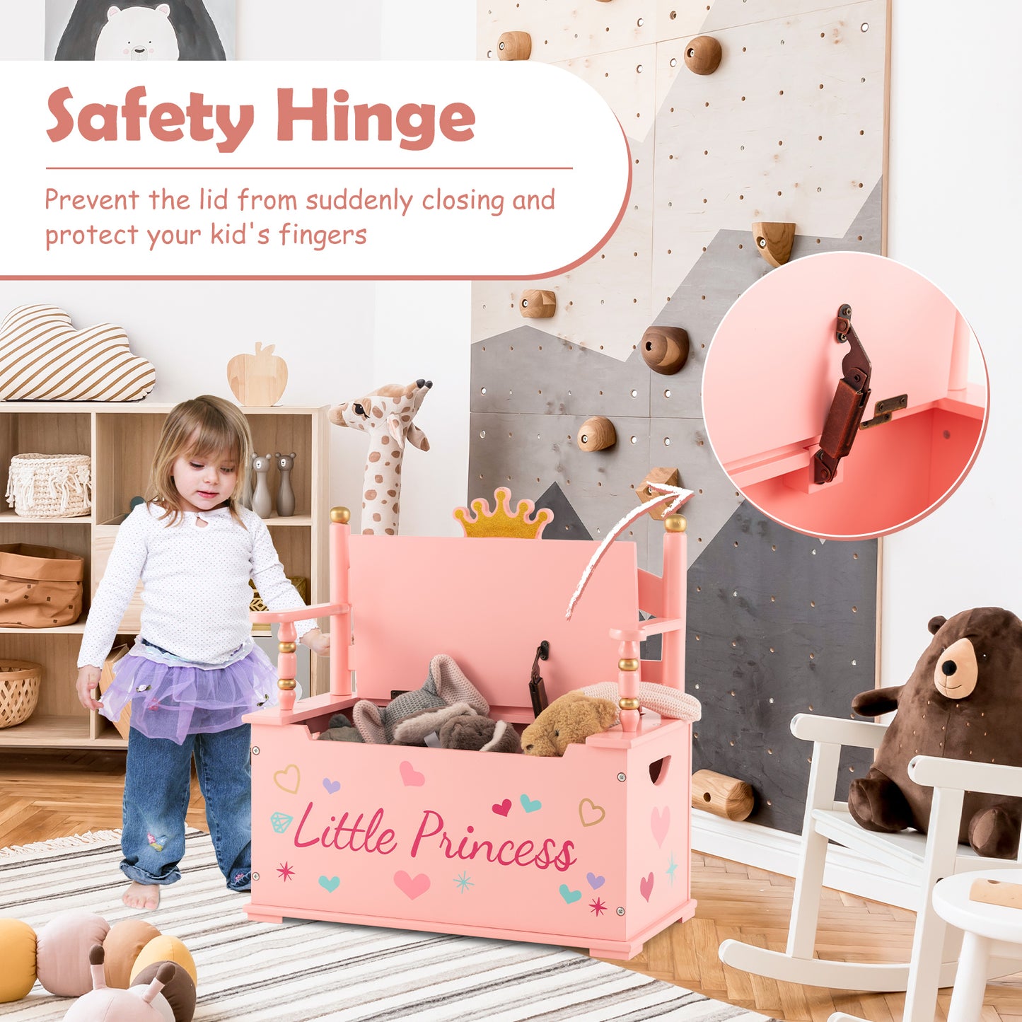 2-In-1 Kids Princess Wooden Toy Box with Safe Hinged Lid-Pink Kids Crystal
