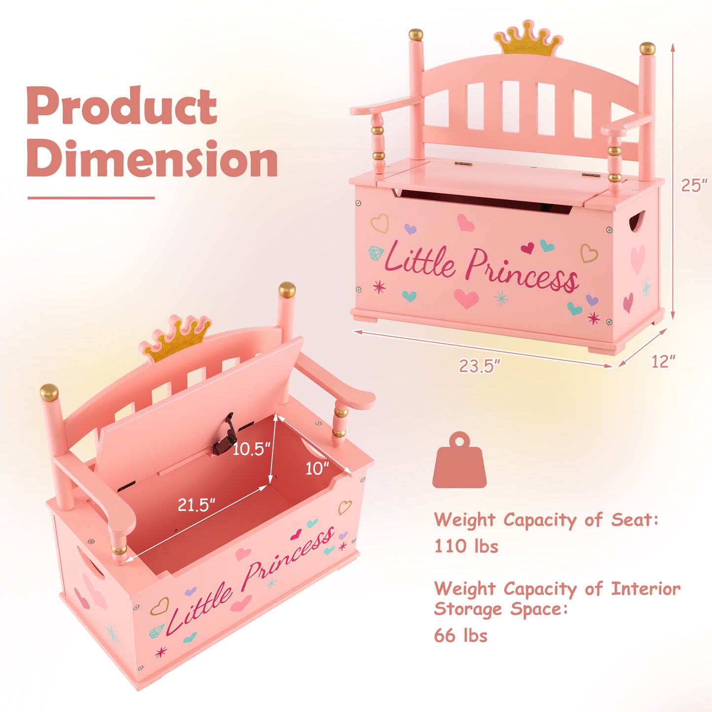 2-In-1 Kids Princess Wooden Toy Box with Safe Hinged Lid-Pink Kids Crystal