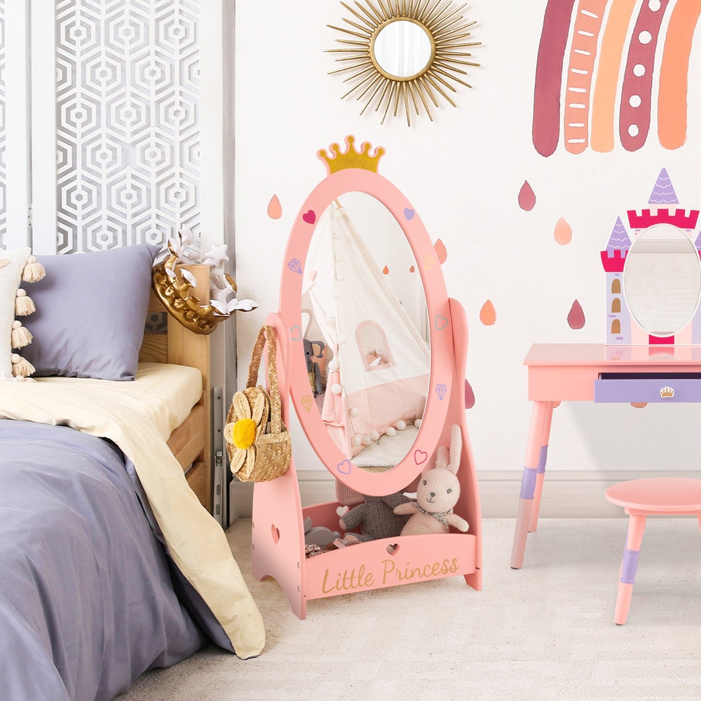 Kids Full Length Mirror with 360 Degree Rotatable Design and Shelf-Pink Kids Crystal