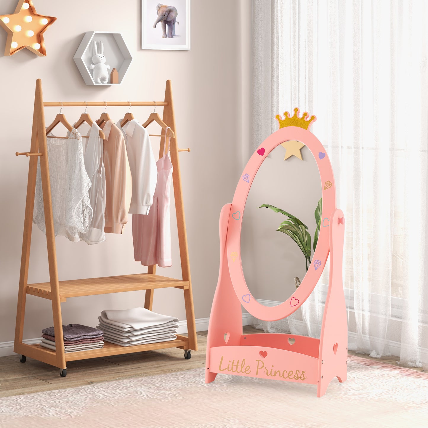 Kids Full Length Mirror with 360 Degree Rotatable Design and Shelf-Pink Kids Crystal