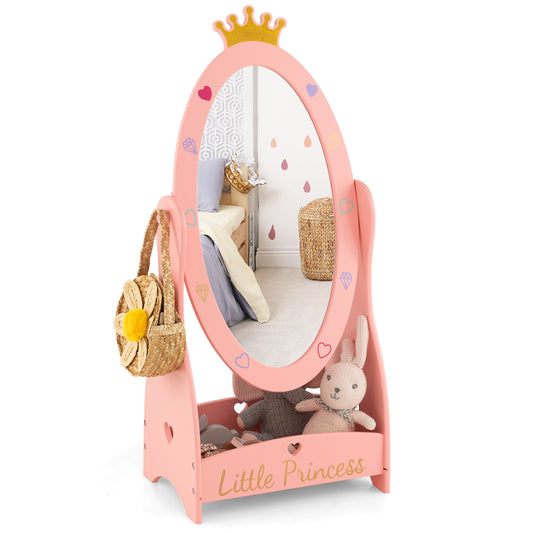 Kids Full Length Mirror with 360 Degree Rotatable Design and Shelf-Pink Kids Crystal