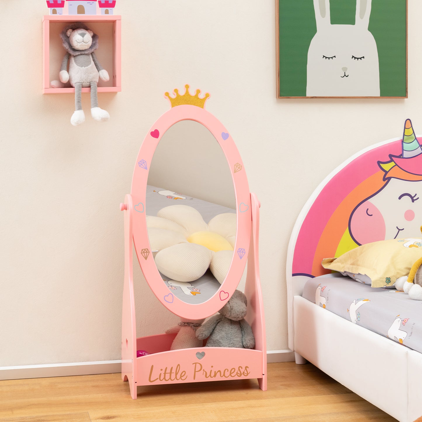 Kids Full Length Mirror with 360 Degree Rotatable Design and Shelf-Pink Kids Crystal