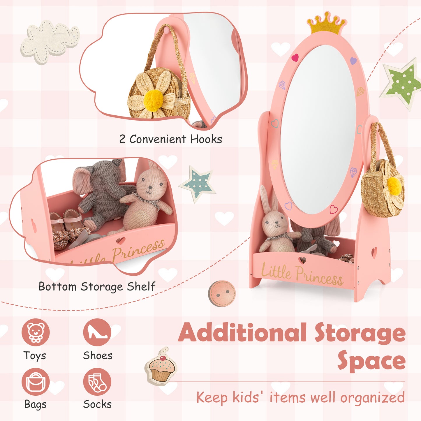 Kids Full Length Mirror with 360 Degree Rotatable Design and Shelf-Pink Kids Crystal
