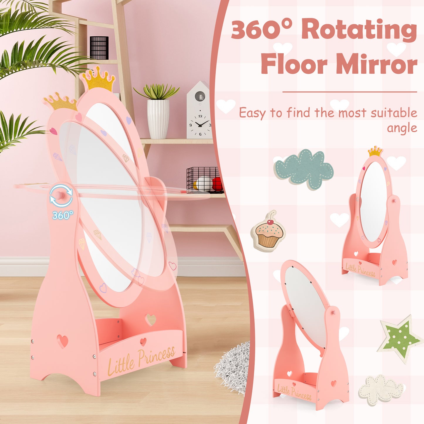 Kids Full Length Mirror with 360 Degree Rotatable Design and Shelf-Pink Kids Crystal