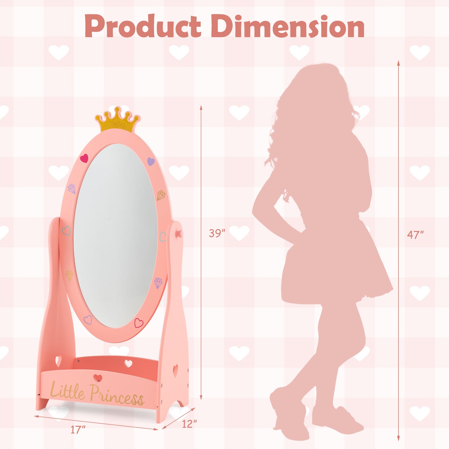 Kids Full Length Mirror with 360 Degree Rotatable Design and Shelf-Pink Kids Crystal
