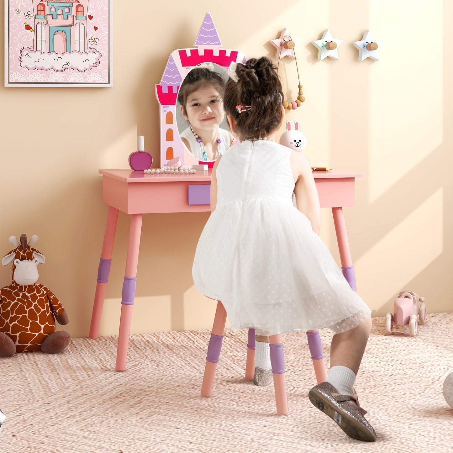 Kids Princess Vanity Table and Stool Set with Drawer and Mirror-Pink Kids Crystal