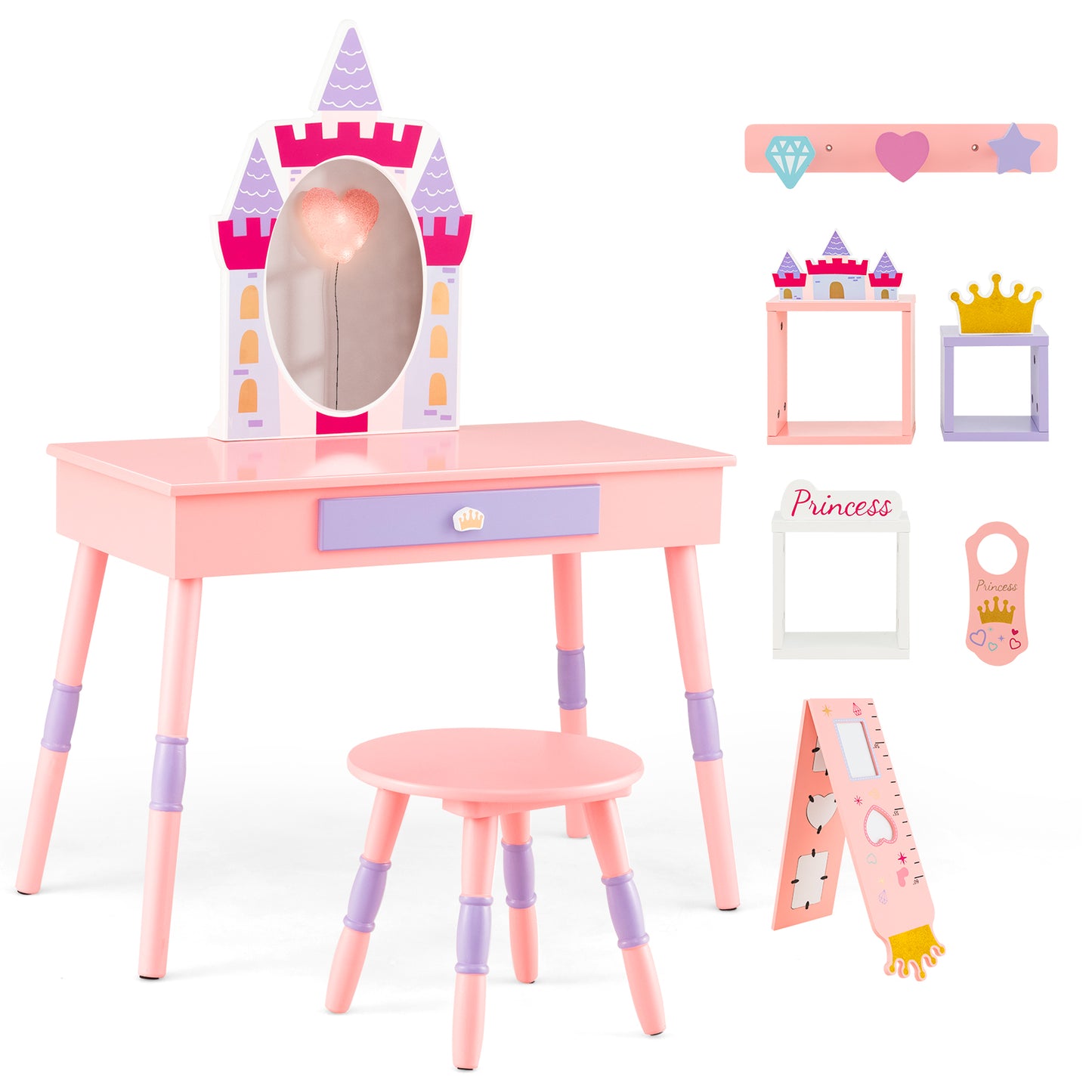 Kids Princess Vanity Table and Stool Set with Drawer and Mirror-Pink Kids Crystal