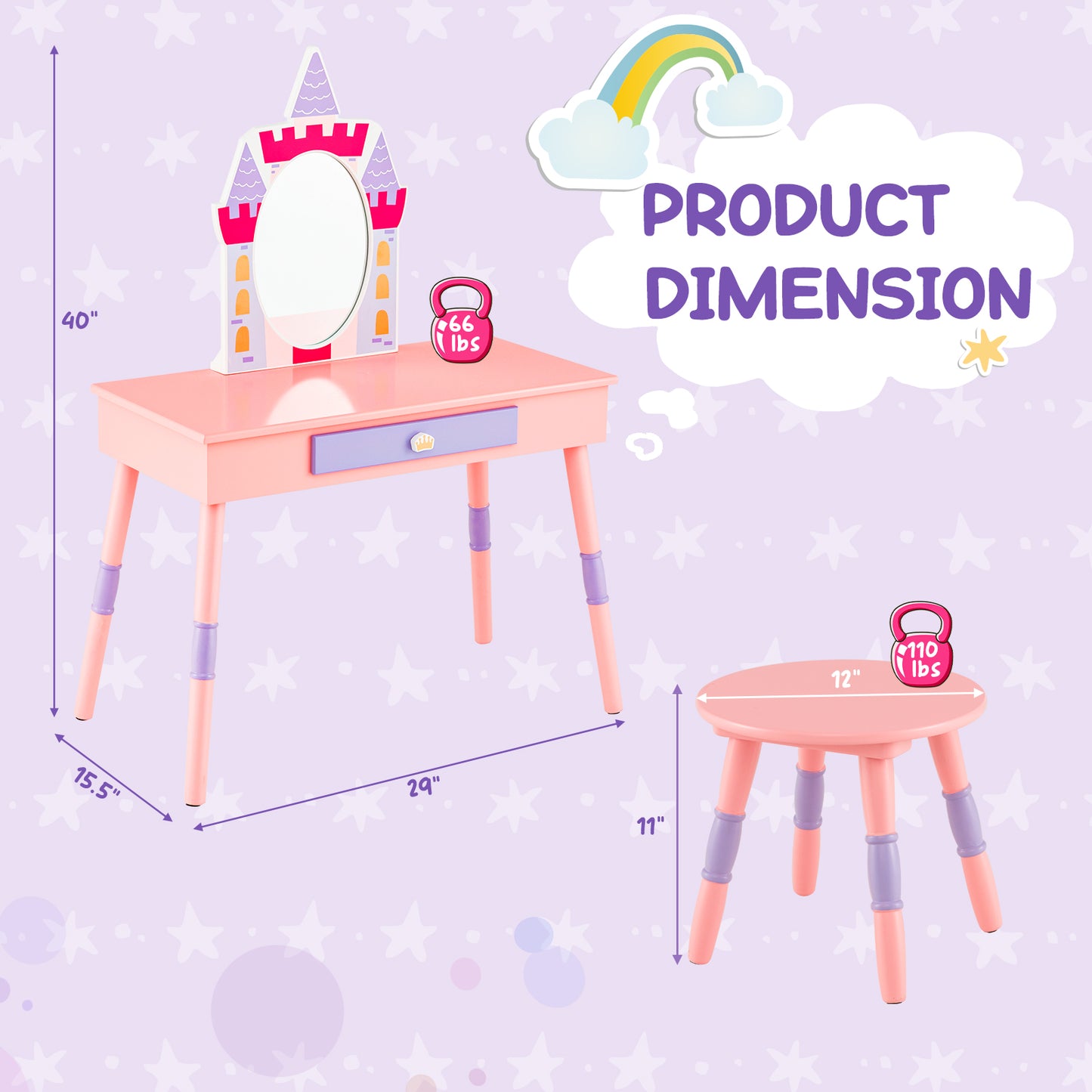 Kids Princess Vanity Table and Stool Set with Drawer and Mirror-Pink Kids Crystal
