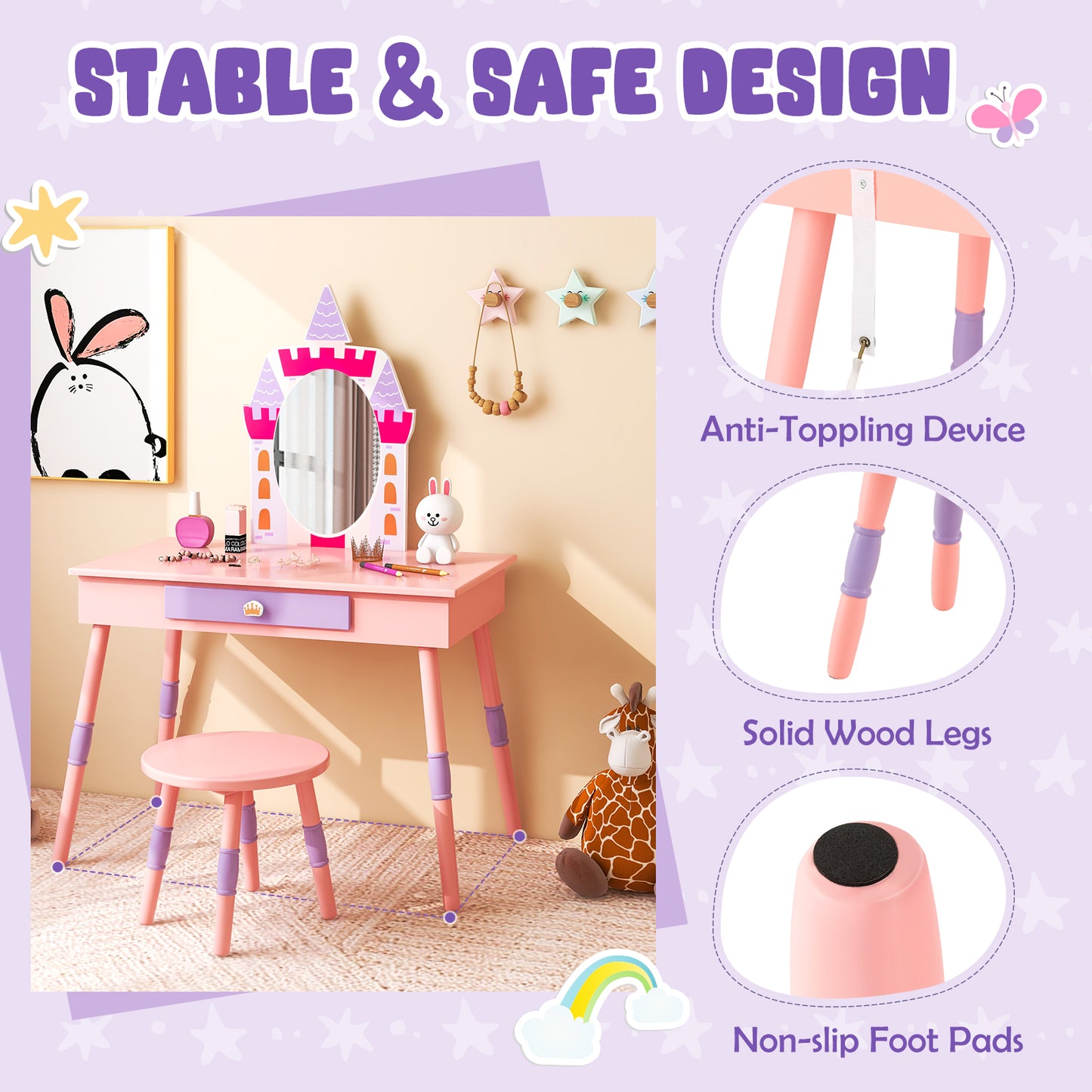 Kids Princess Vanity Table and Stool Set with Drawer and Mirror-Pink Kids Crystal