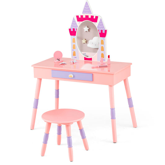 Kids Princess Vanity Table and Stool Set with Drawer and Mirror-Pink Kids Crystal