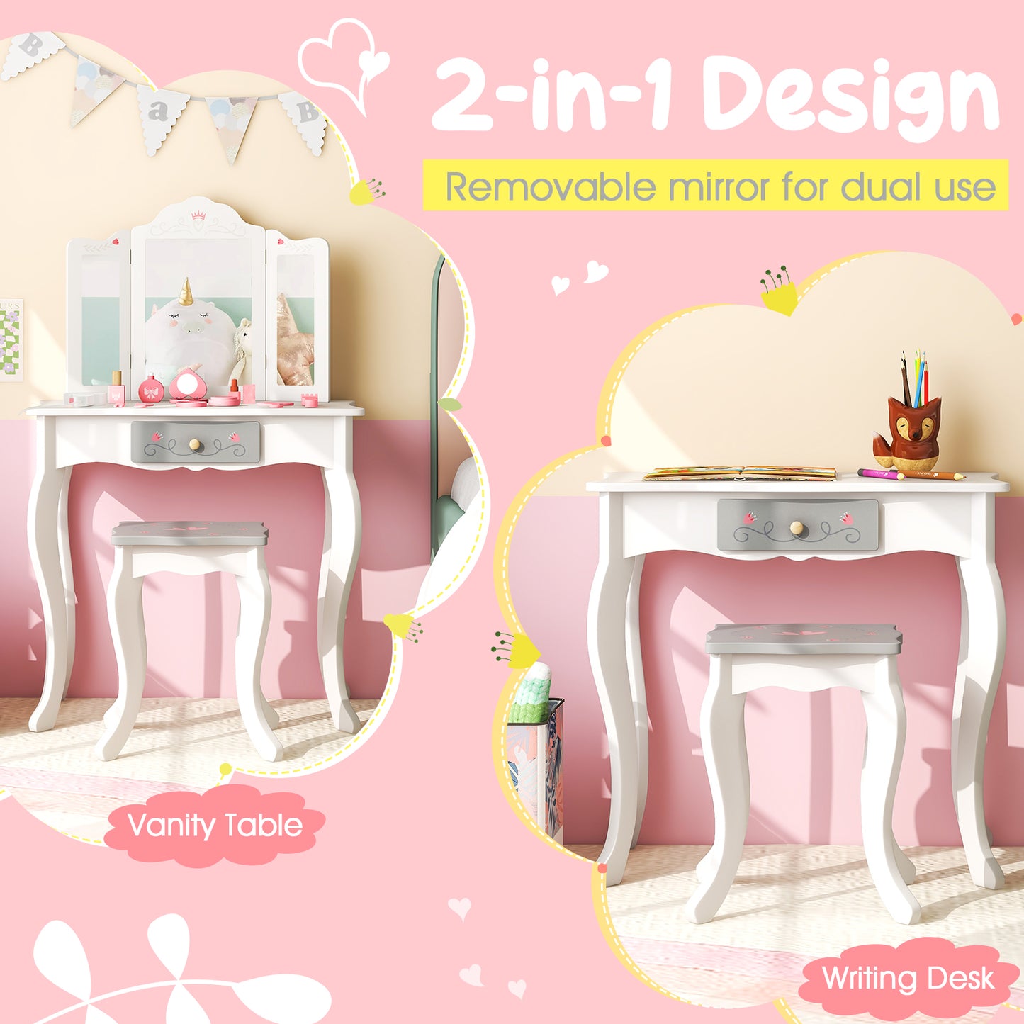 Kids Vanity Set with Tri-folding Mirror-White Kids Crystal