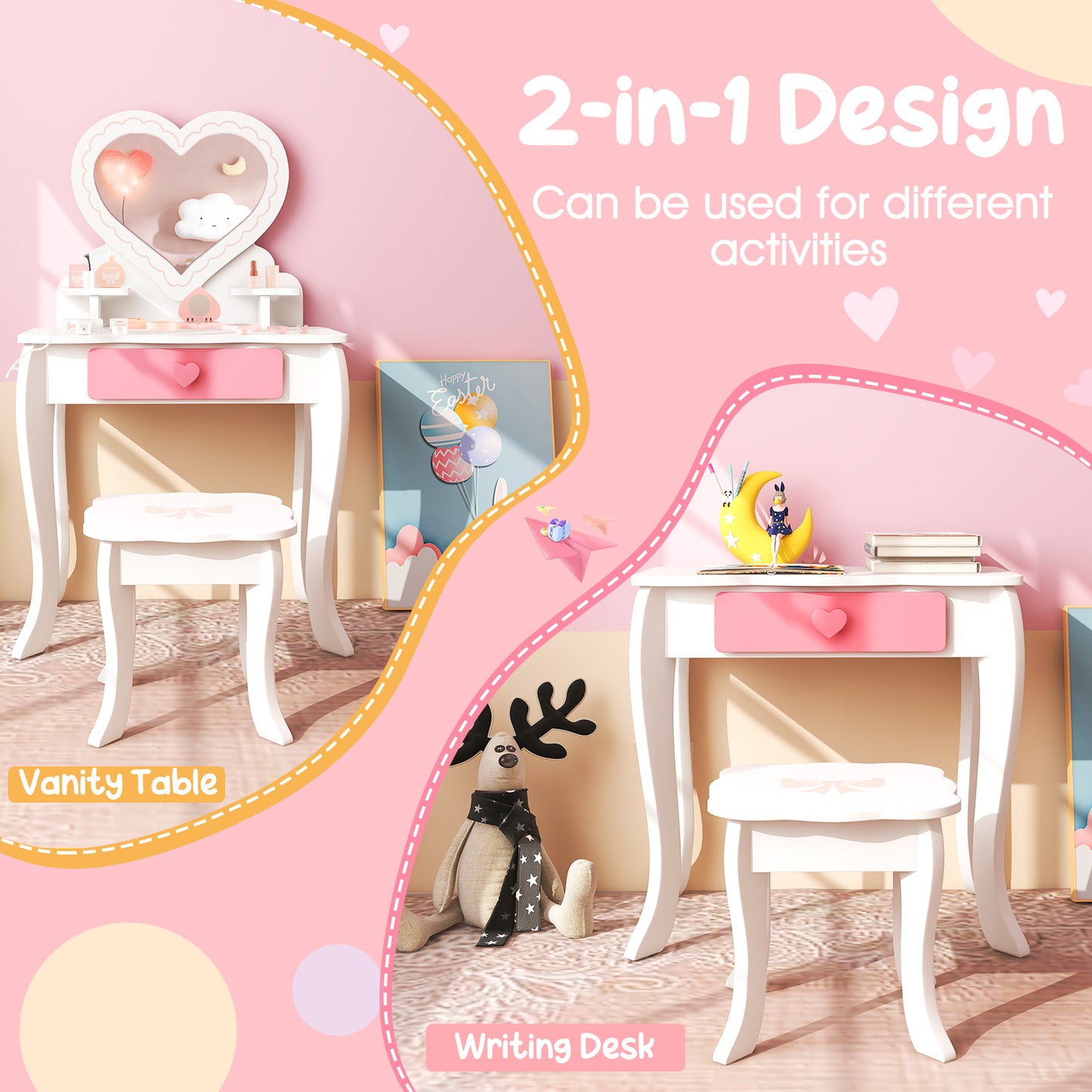 Kids Vanity Set with Heart-shaped Mirror-White Kids Crystal