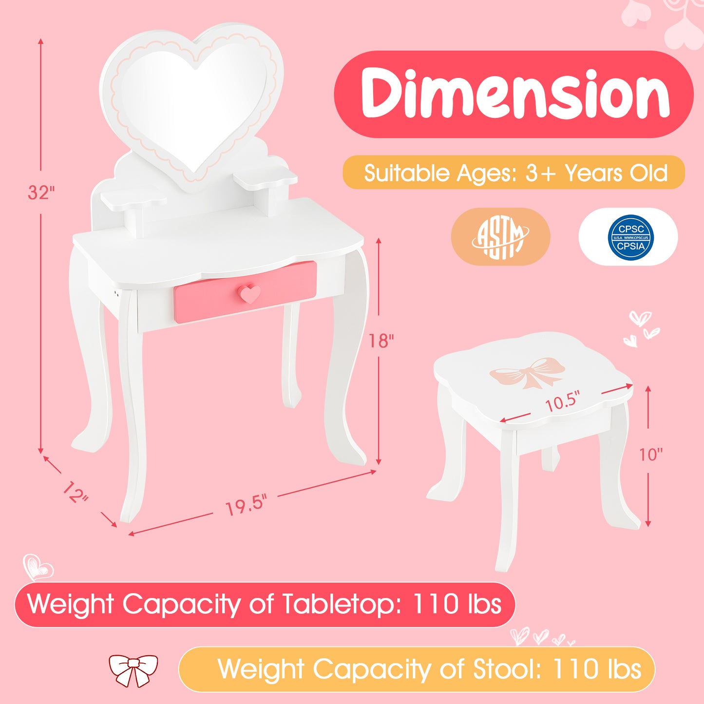 Kids Vanity Set with Heart-shaped Mirror-White Kids Crystal