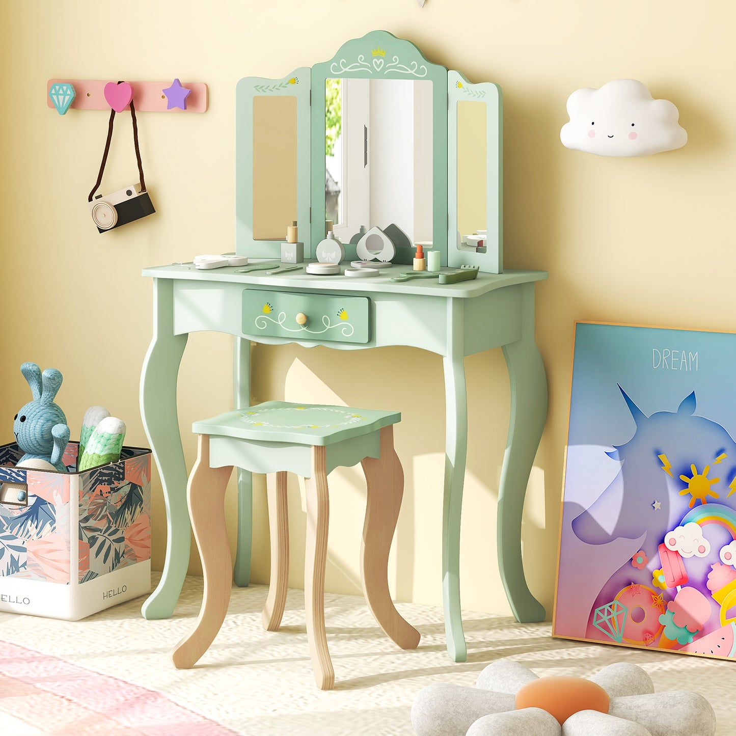 Kids Vanity Set with Tri-folding Mirror-Green Kids Crystal