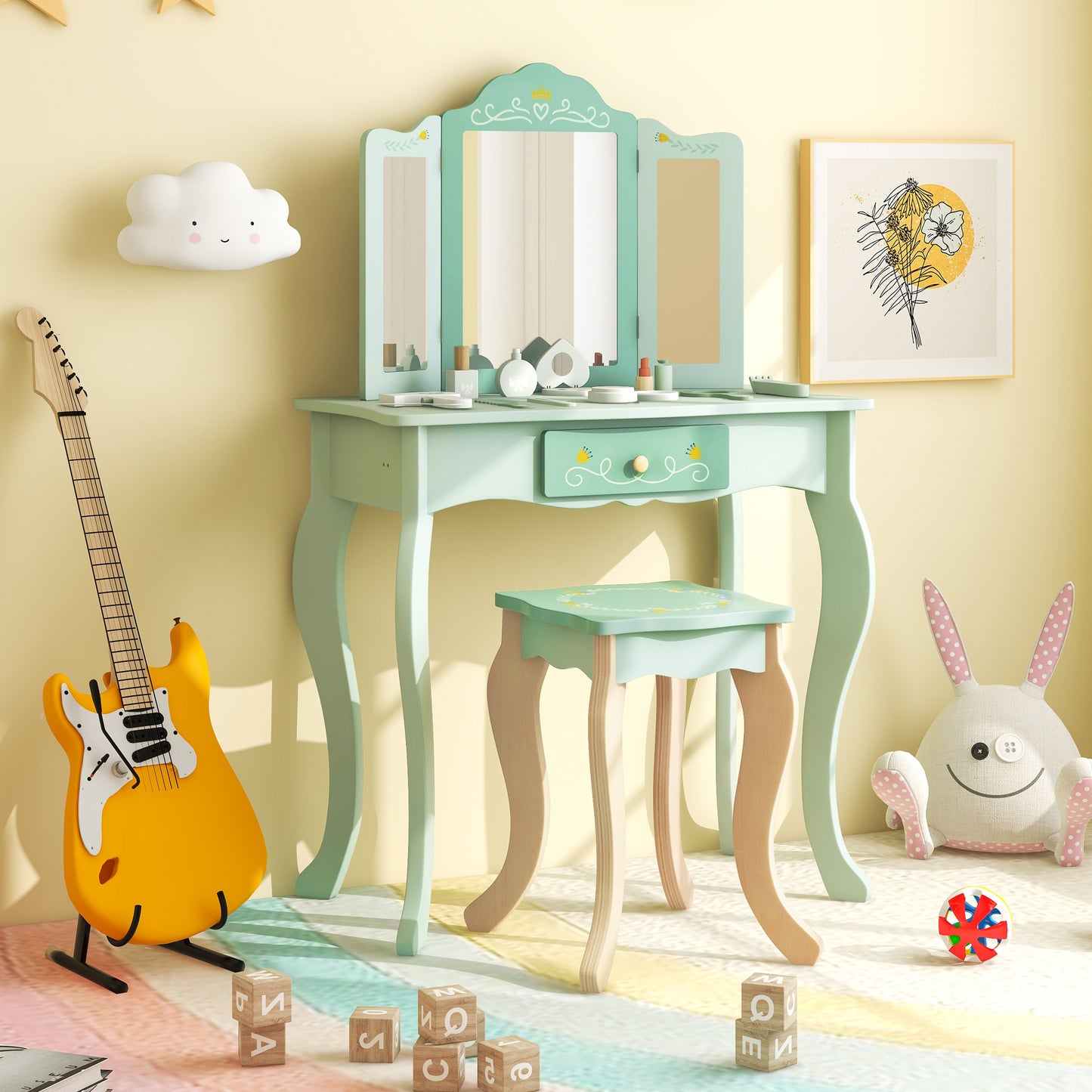 Kids Vanity Set with Tri-folding Mirror-Green Kids Crystal