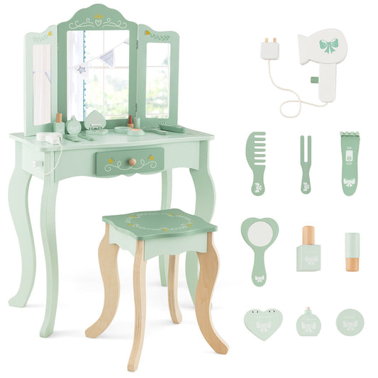 Kids Vanity Set with Tri-folding Mirror-Green Kids Crystal
