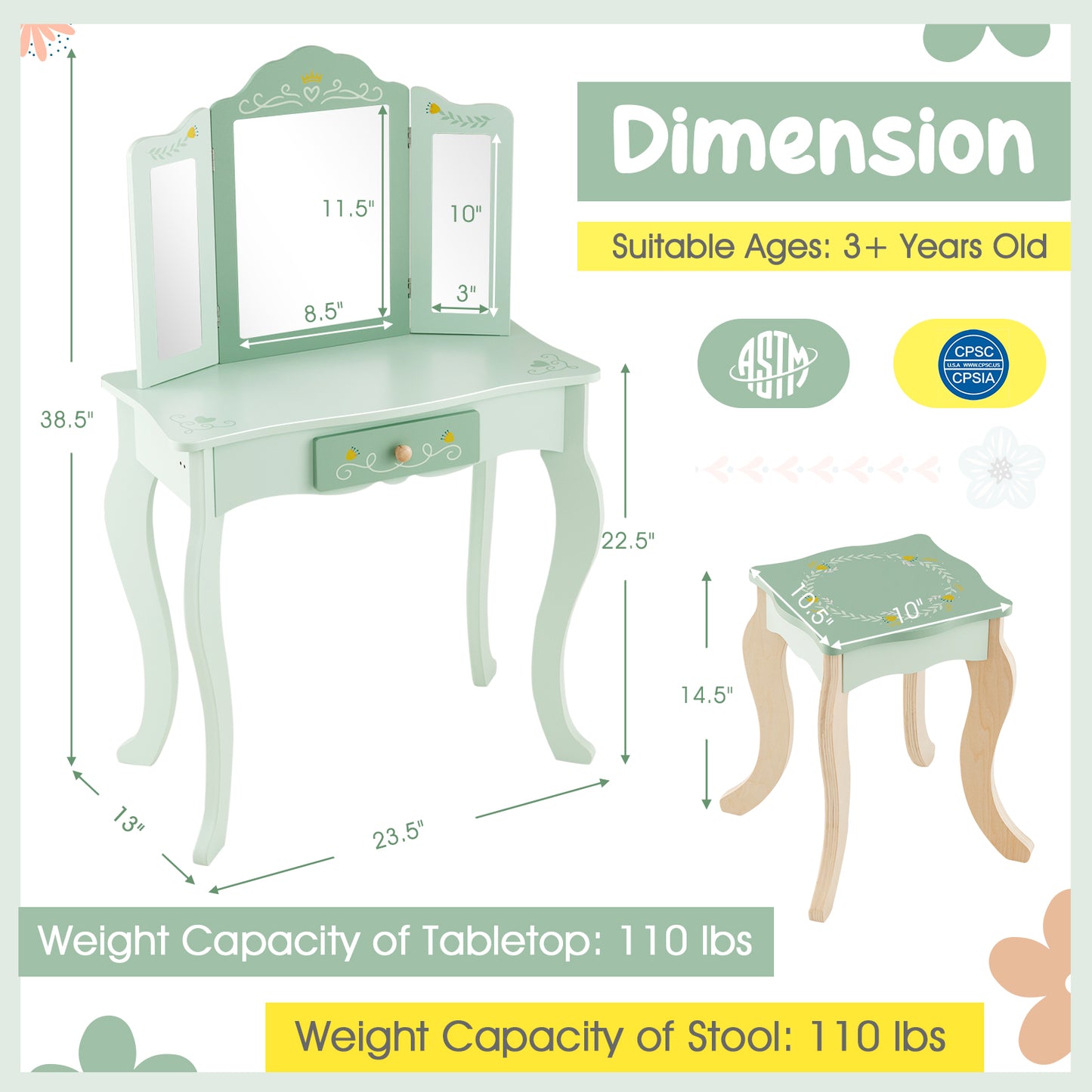 Kids Vanity Set with Tri-folding Mirror-Green Kids Crystal