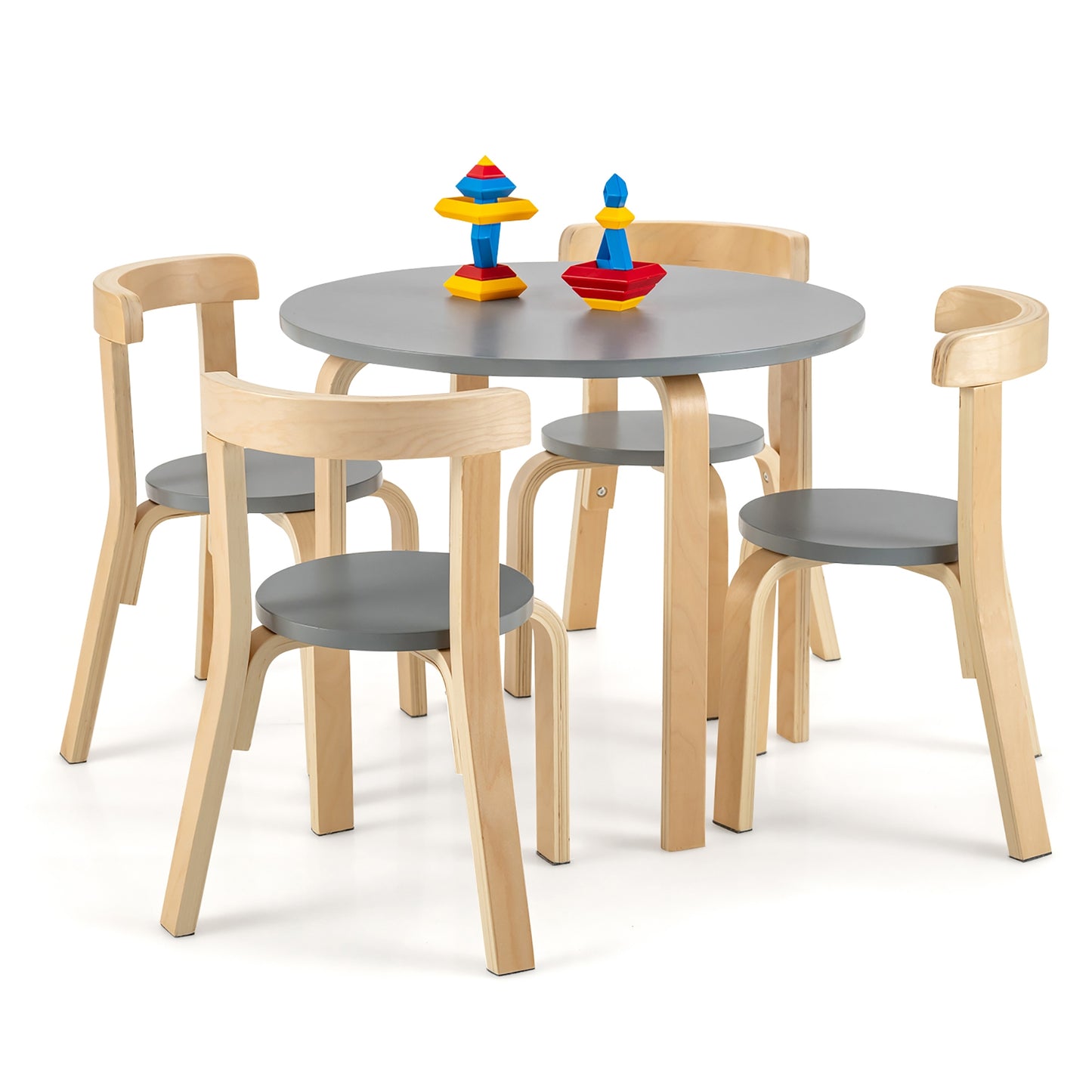 5-Piece Kids Wooden Curved Back Activity Table and Chair Set with Toy Bricks-Gray Kids Crystal