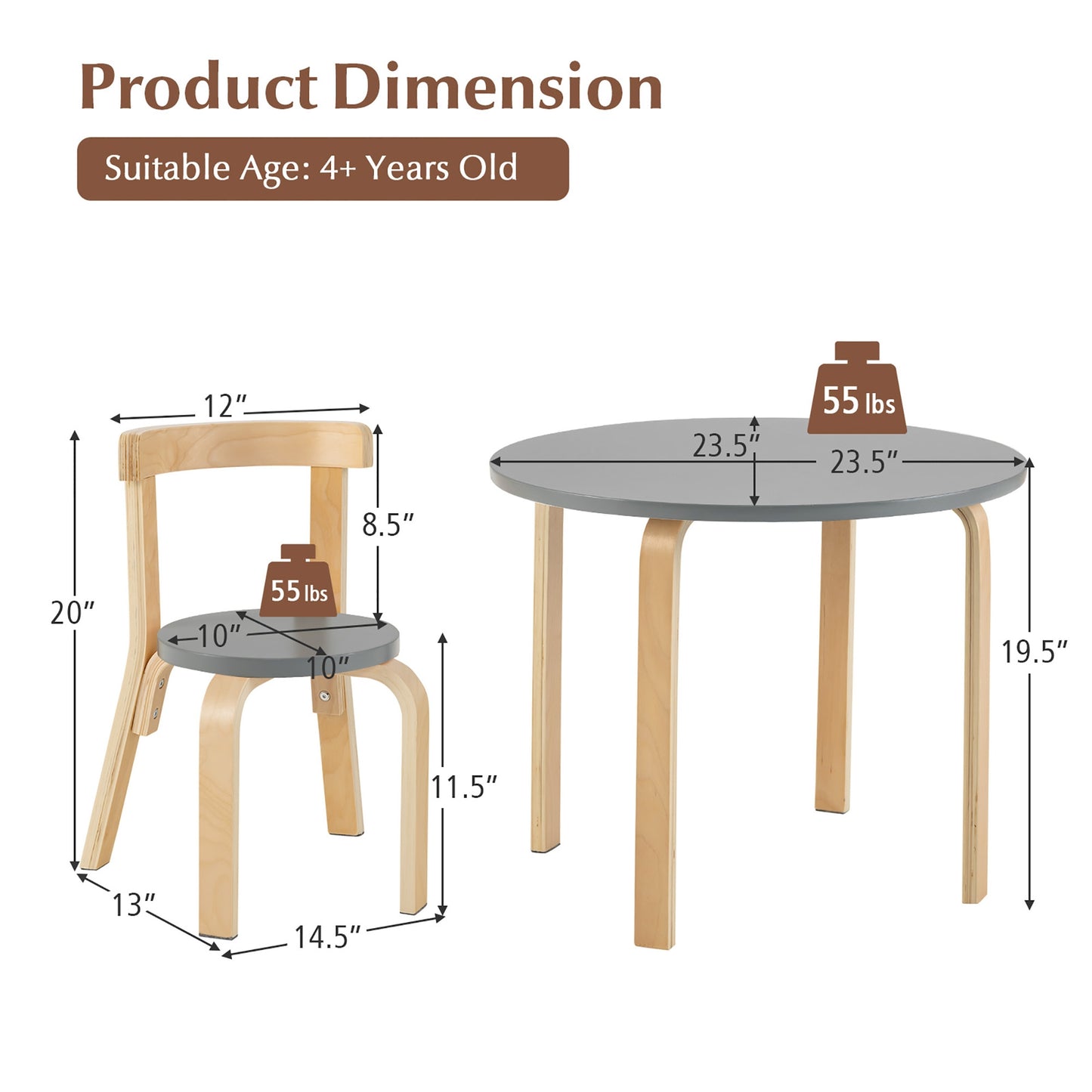 5-Piece Kids Wooden Curved Back Activity Table and Chair Set with Toy Bricks-Gray Kids Crystal