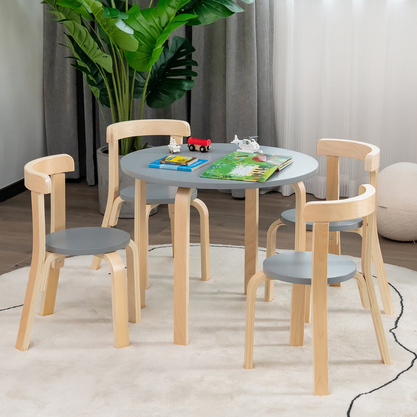 5-Piece Kids Wooden Curved Back Activity Table and Chair Set with Toy Bricks-Gray Kids Crystal