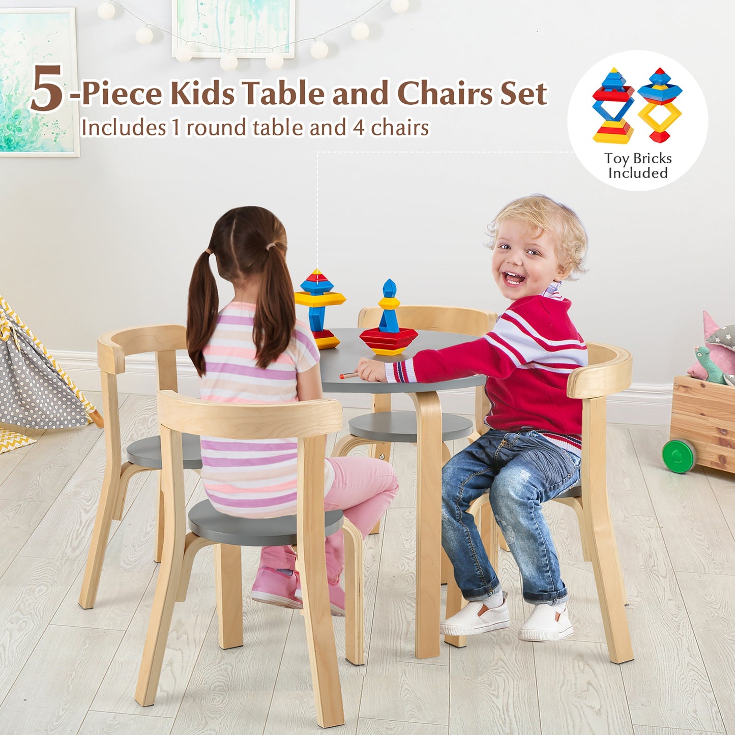 5-Piece Kids Wooden Curved Back Activity Table and Chair Set with Toy Bricks-Gray Kids Crystal