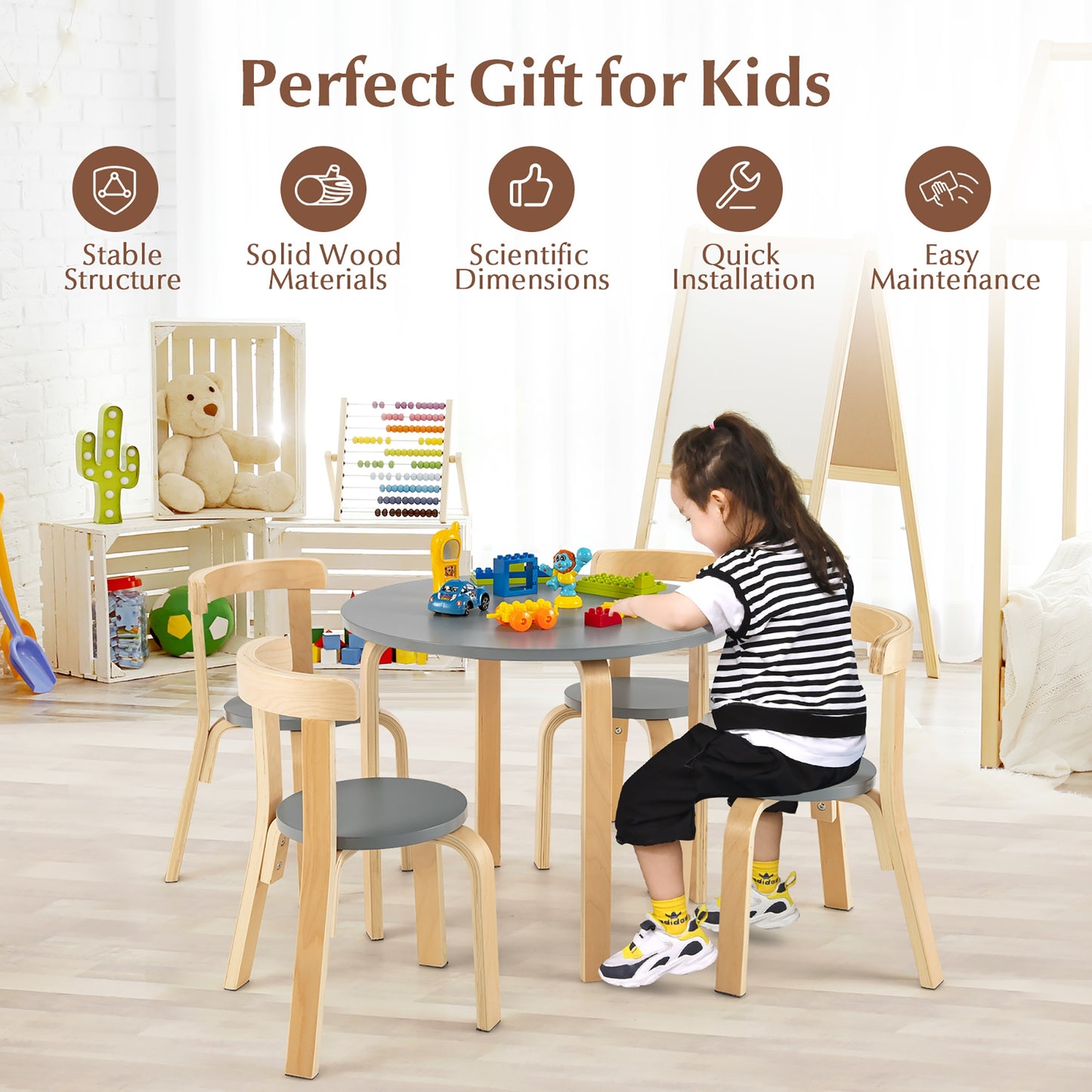5-Piece Kids Wooden Curved Back Activity Table and Chair Set with Toy Bricks-Gray Kids Crystal