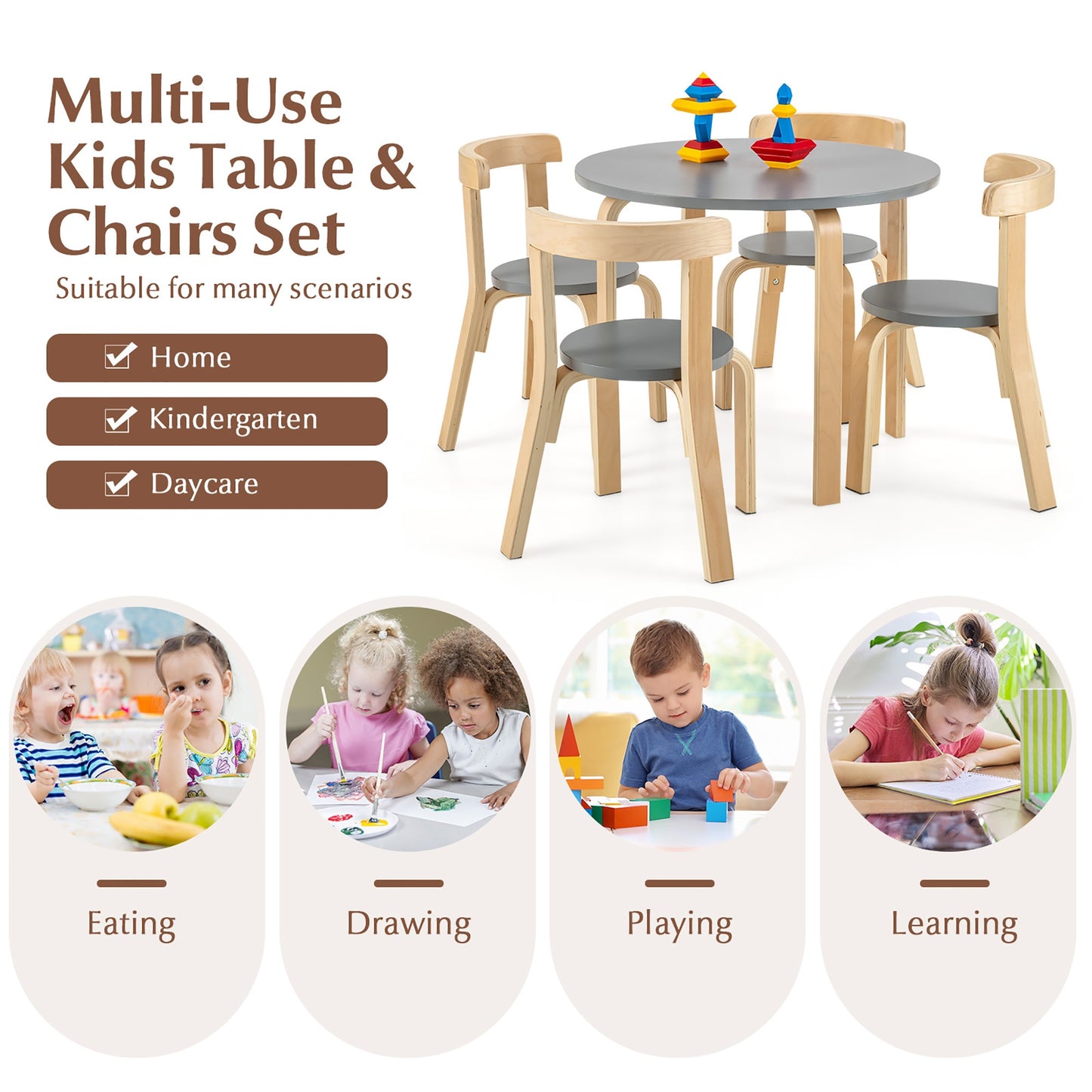 5-Piece Kids Wooden Curved Back Activity Table and Chair Set with Toy Bricks-Gray Kids Crystal