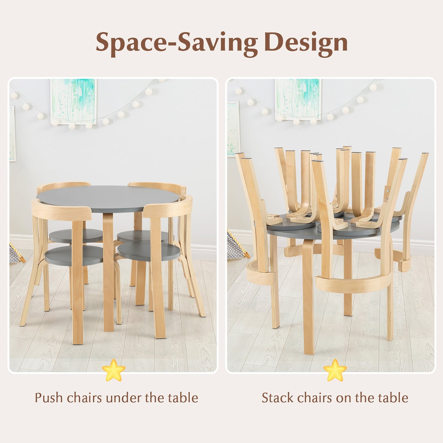 5-Piece Kids Wooden Curved Back Activity Table and Chair Set with Toy Bricks-Gray Kids Crystal