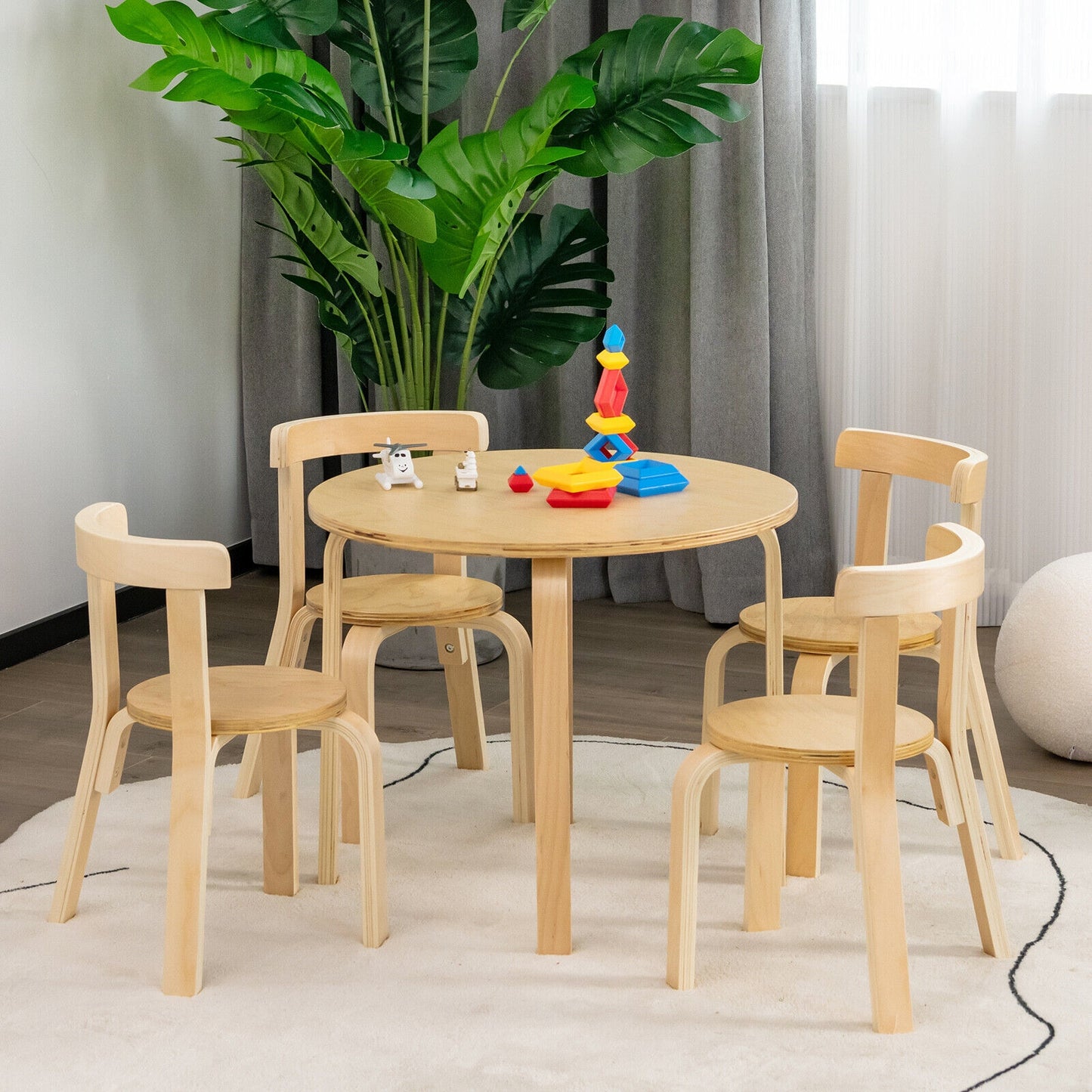5-Piece Kids Wooden Curved Back Activity Table and Chair Set with Toy Bricks-Natural Kids Crystal