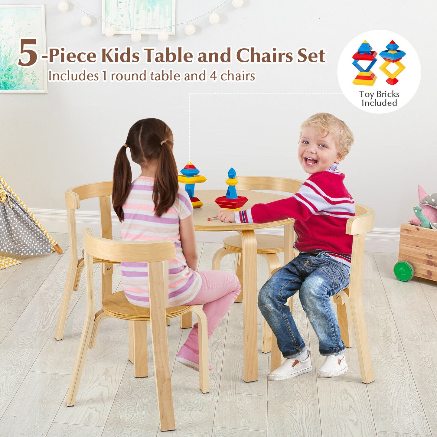 5-Piece Kids Wooden Curved Back Activity Table and Chair Set with Toy Bricks-Natural Kids Crystal
