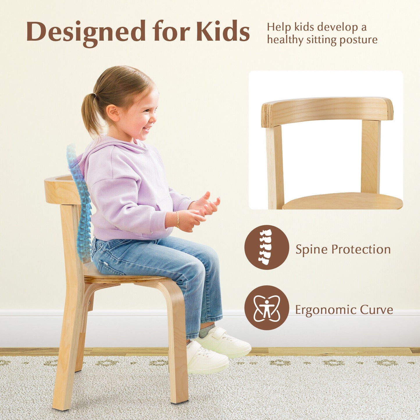 5-Piece Kids Wooden Curved Back Activity Table and Chair Set with Toy Bricks-Natural Kids Crystal