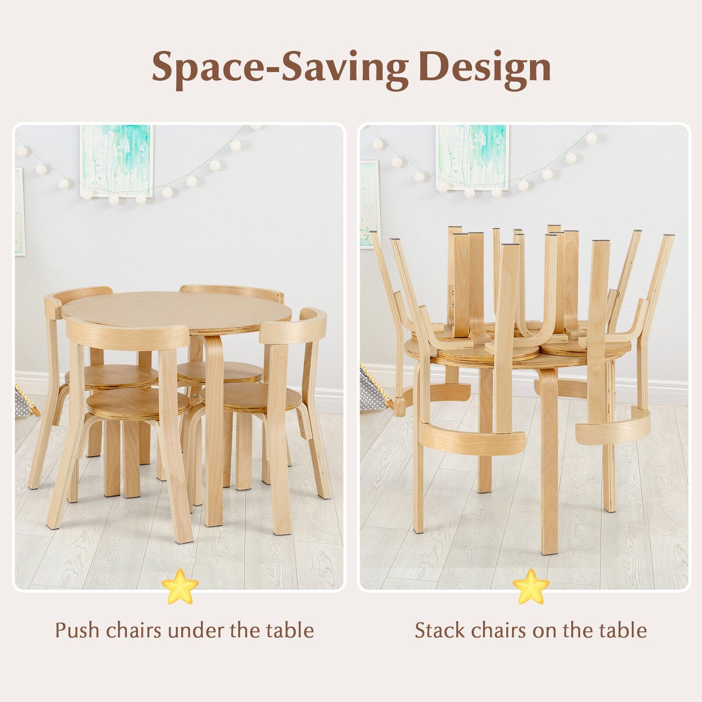 5-Piece Kids Wooden Curved Back Activity Table and Chair Set with Toy Bricks-Natural Kids Crystal